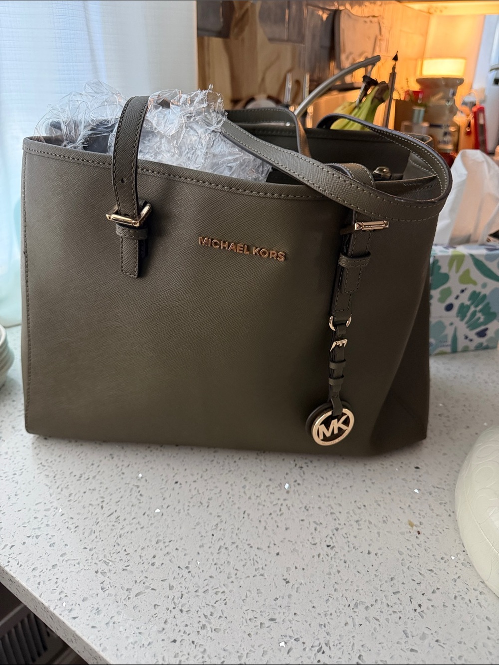 Michael Kors Olive Green Saffiano Tote with MK Charm